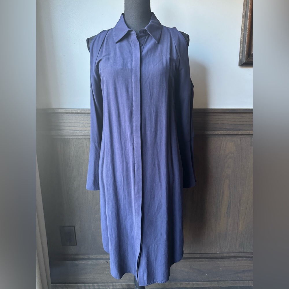 ANTONIO MELANI Navy Blue Long Sleeve Cold Shoulder button down shirt Dress 6
